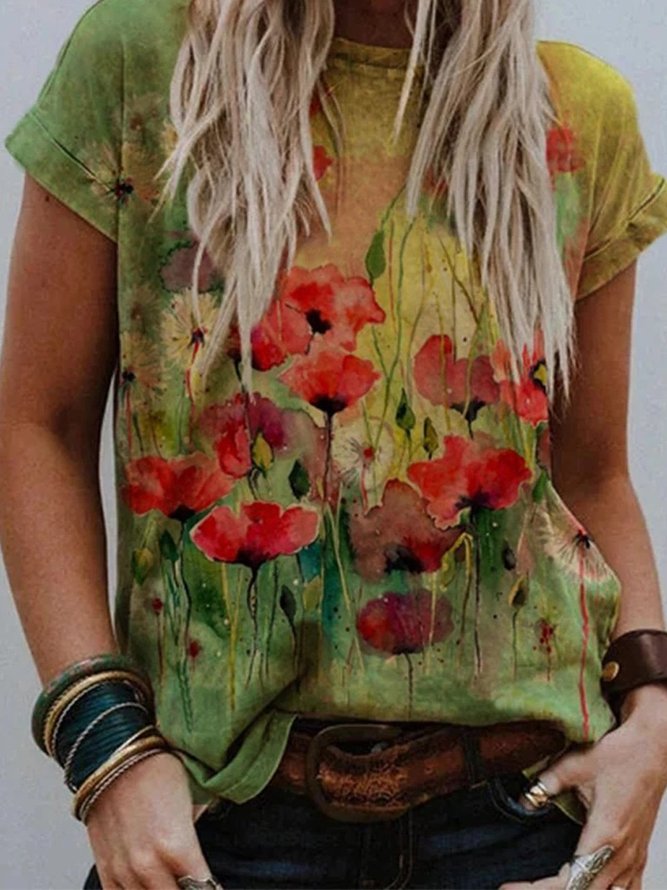 Colorful Flower Painting Casual Short Sleeve Shift T-shirt