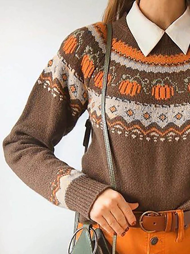 Pumpkin Print Long Sleeve Round Neck Knit Sweater