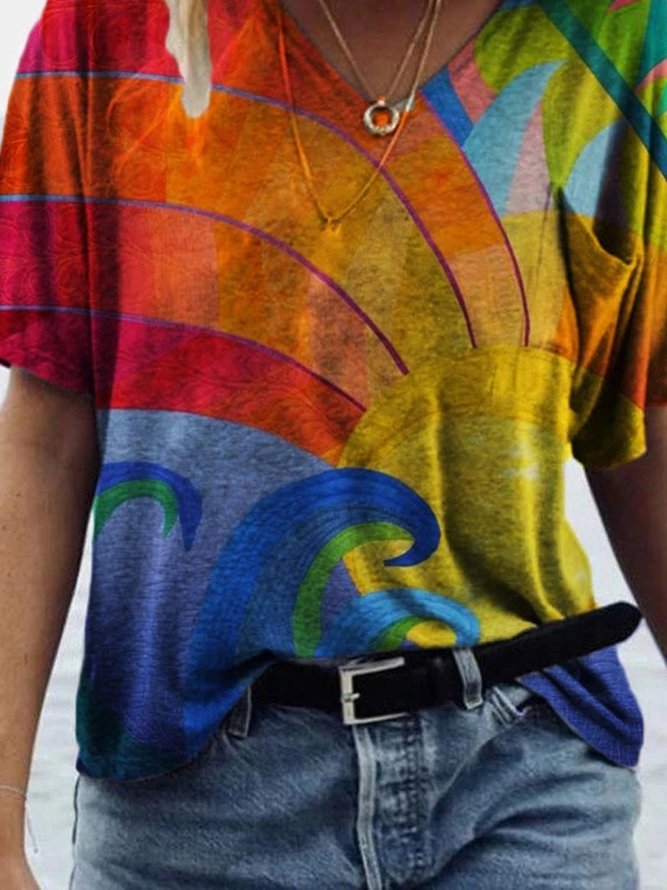 Colorful Gradient Lines T-shirt Casual Short Sleeve T-shirt