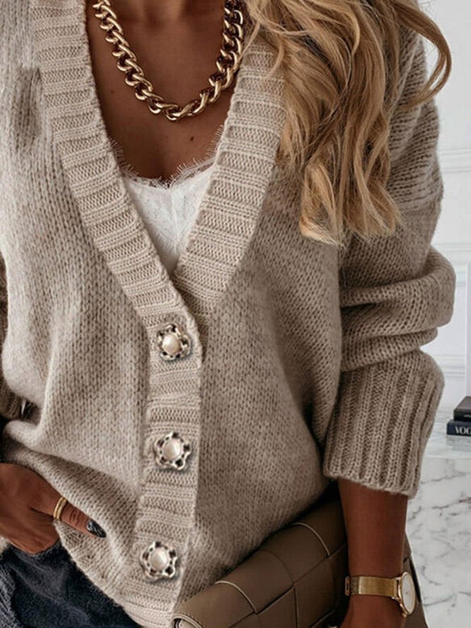 Solid V-Neck Casual Cardigan