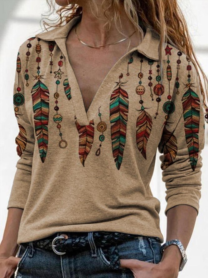 Women's Retro Western Feather Print Casual Lapel Long Sleeve Top