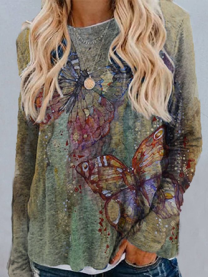 Floral-Print Casual Butterfly Long Sleeve Top
