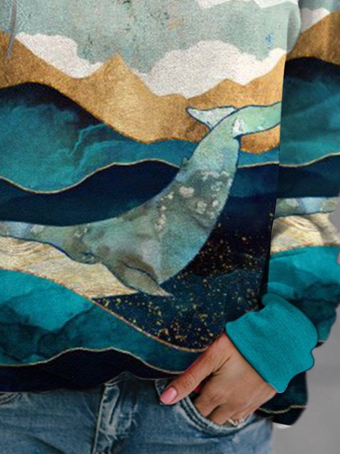 Women's Mountain Whale Printed Round Neck Casual Sweatshirt