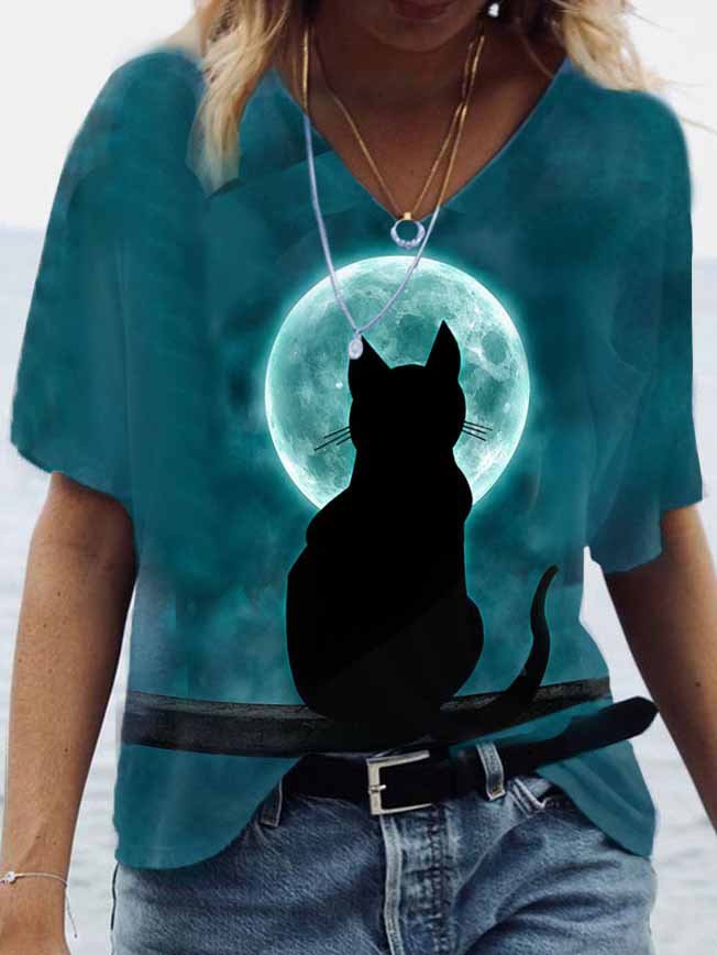 Casual Short Sleeve Cat Printed T-shirt