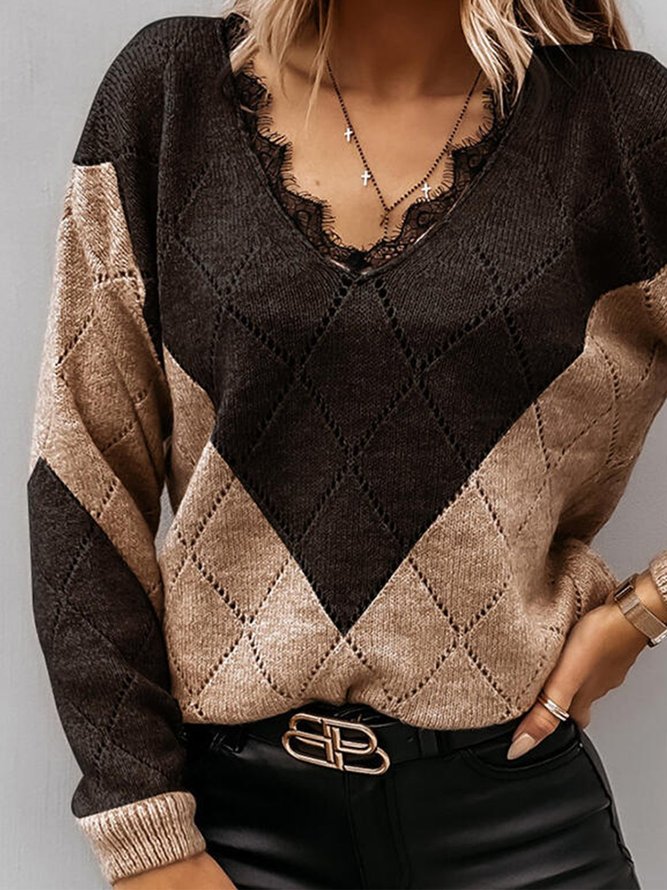 Long Sleeve ColorBlock V Neck Sweater Sweaters V Neck Shift Long