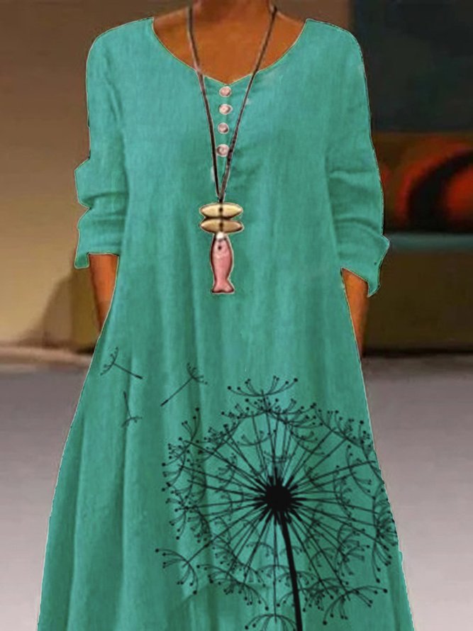 Womens A-Line Boho Floral Dandelion Long Sleeve Maxi Weaving Dress