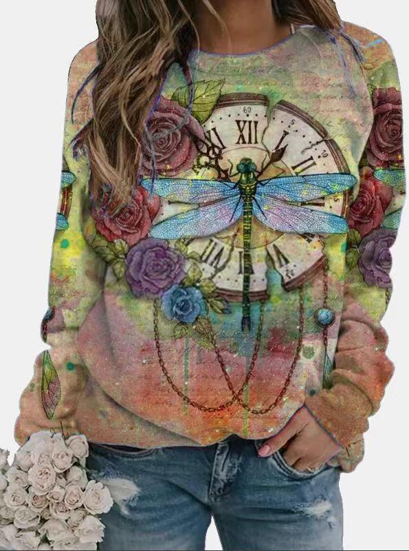 Dragonfly Floral Print Long Sleeve Sweatshirts