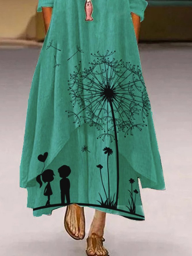 Womens A-Line Boho Floral Dandelion Long Sleeve Maxi Dresses