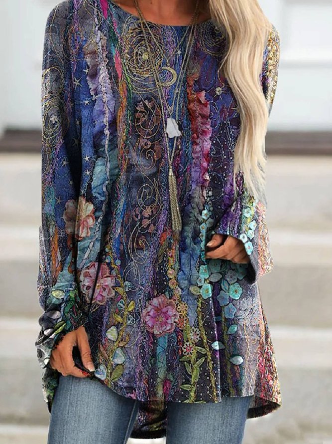 Casual Floral-Print Long Sleeve Floral Tops