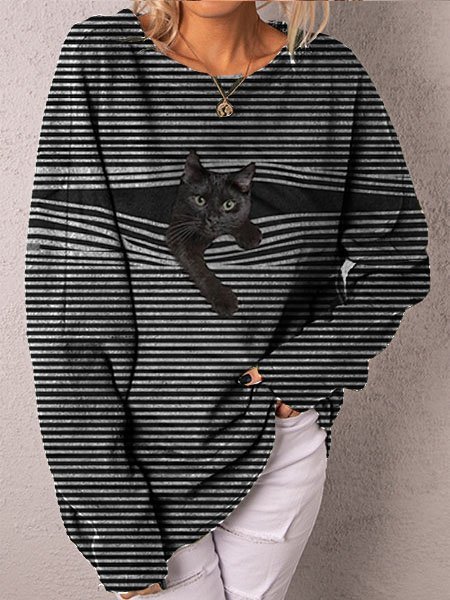Casual Cat Printed Cotton-Blend Sweatshirt