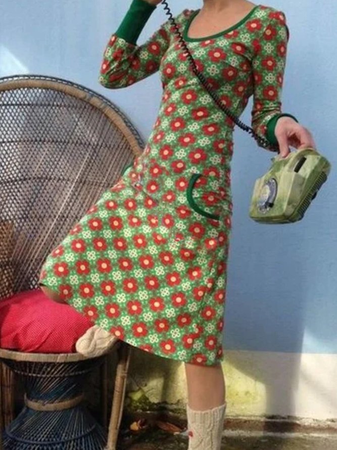 Vintage V Neck Printed Cotton Blends Midi Dresses-image-5064976
