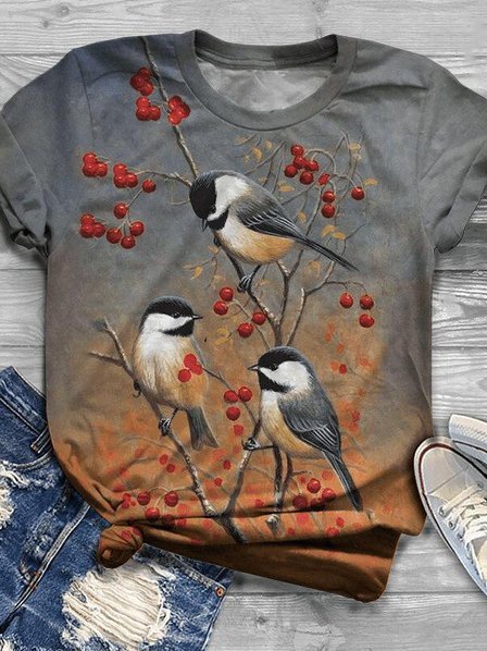 Casual Bird Print Cotton-Blend T-shirt