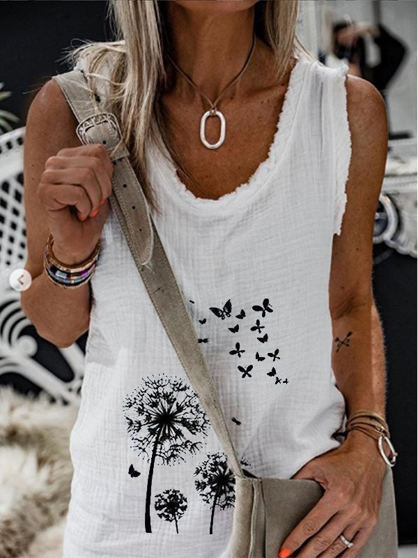 Dandelion Butterfly Print Round Neck Sleeveless Casual Tank Tops