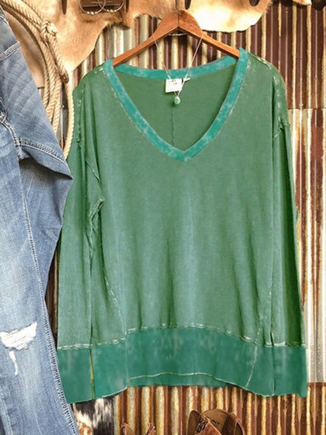 Green Long Sleeve V Neck Cotton-Blend Sweatshirts