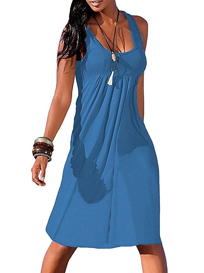 Round Neck Women Summer Dress Shift Beach Cotton-Blend Dress