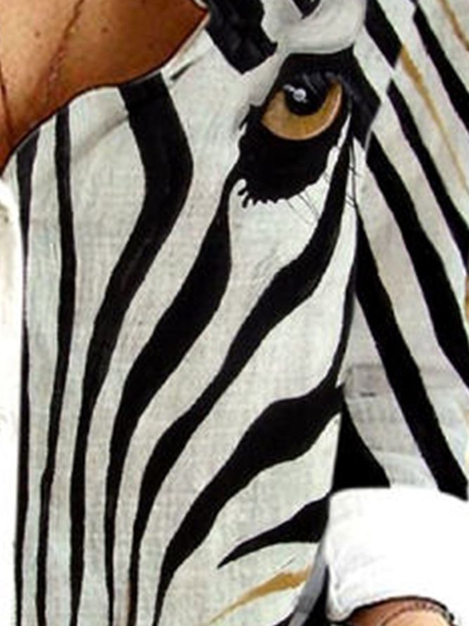 Cotton Linen Zebra Print Loose Long Sleeve Blouse