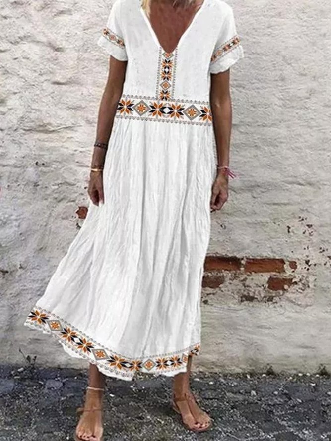 Linen Tribal Shift V Neck Short Sleeve Dresses