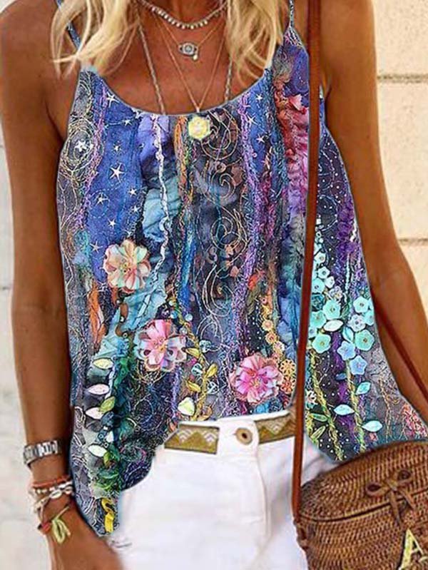 Sleeveless Printed Casual Cotton-Blend Tops