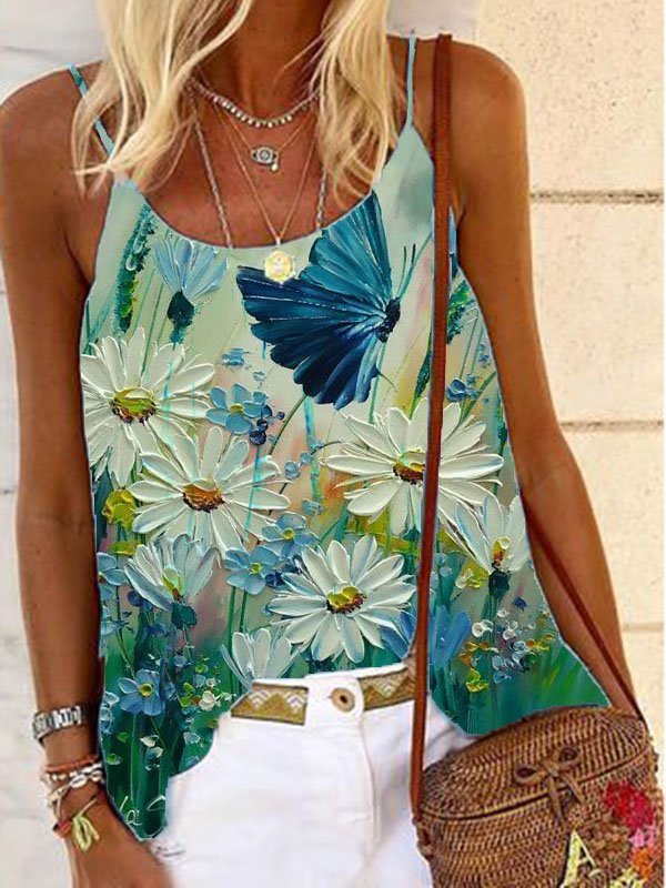 Floral-print Sleeveless Cotton-Blend Casual Tops