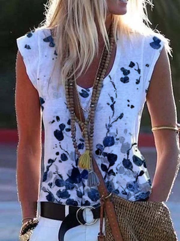 Cotton-Blend Sleeveless Floral-Print Casual Shirts & Tops