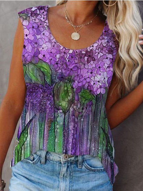 Casual Sleeveless Cotton-Blend Floral Shirts & Tops