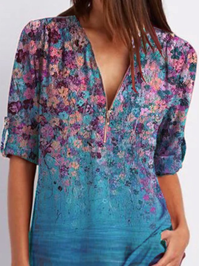 Floral   Half Sleeve  Printed  Polyester  V neck  Casual  Summer  Blue Top