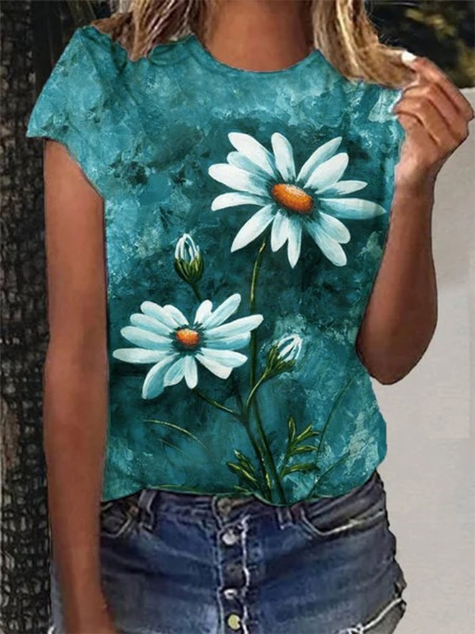 Floral Short Sleeve Crew Neck Casual T-shirt