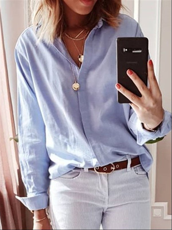 Cotton Long Sleeve Shirt Collar Blouse