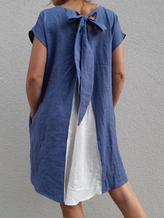 Color-Block Plain Casual Cotton-Blend Weaving Dress
