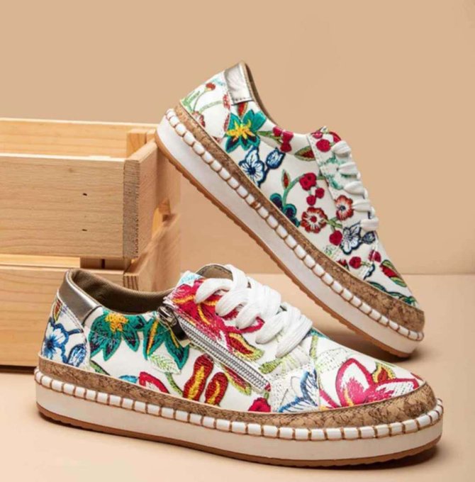 Colorblock printed lace-up flat women casual shoes
