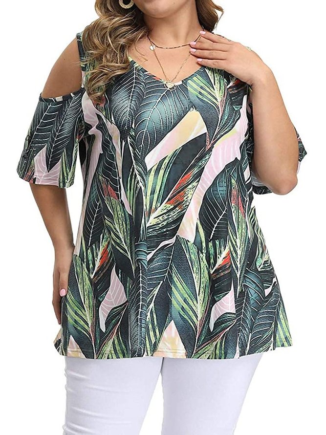 Cold Shoulder Leaves Casual Cotton Tops