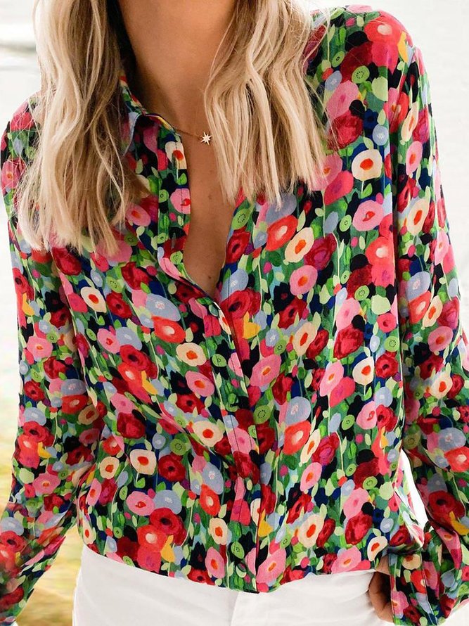 Holiday Stunning Floral-Print Long Sleeve Cotton-Blend Casual Shirts