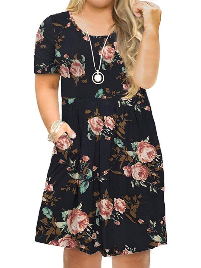 Short Sleeve Casual Cotton Floral Weaving Dress
