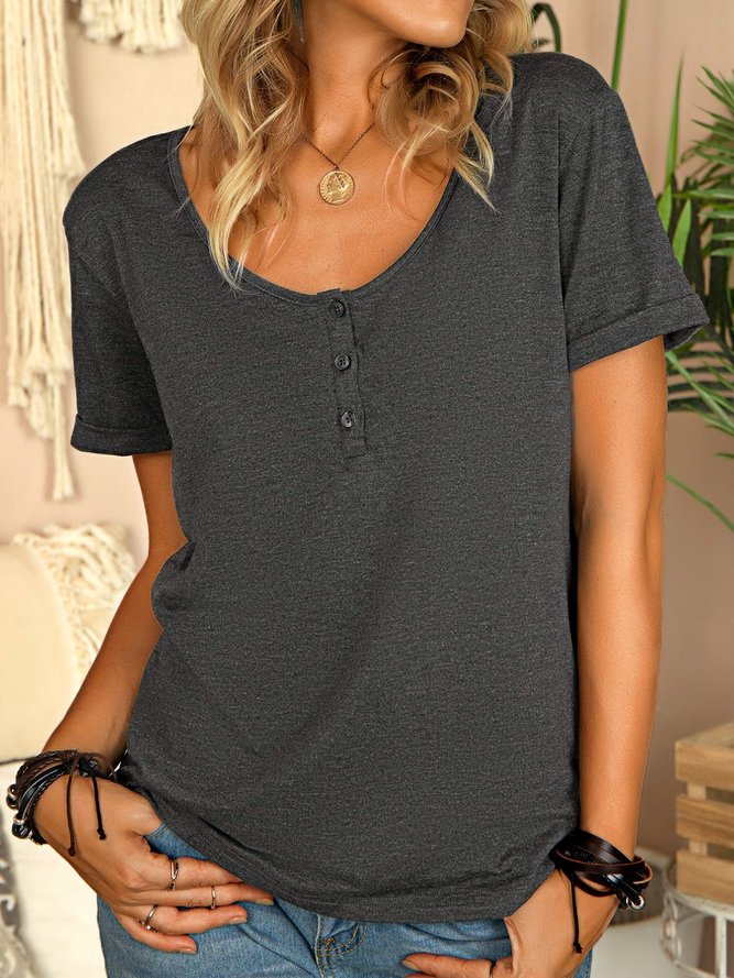 Women's Basic Jersey Melange Short Sleeve Buttoned Solid T-shirt