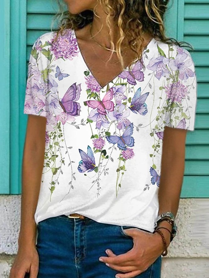 Floral-Print Floral Casual Short Sleeve T-shirt