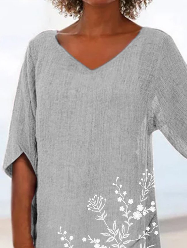 Floral  Short Sleeve Printed  Polyester  V neck Vintage  Summer Gray Top