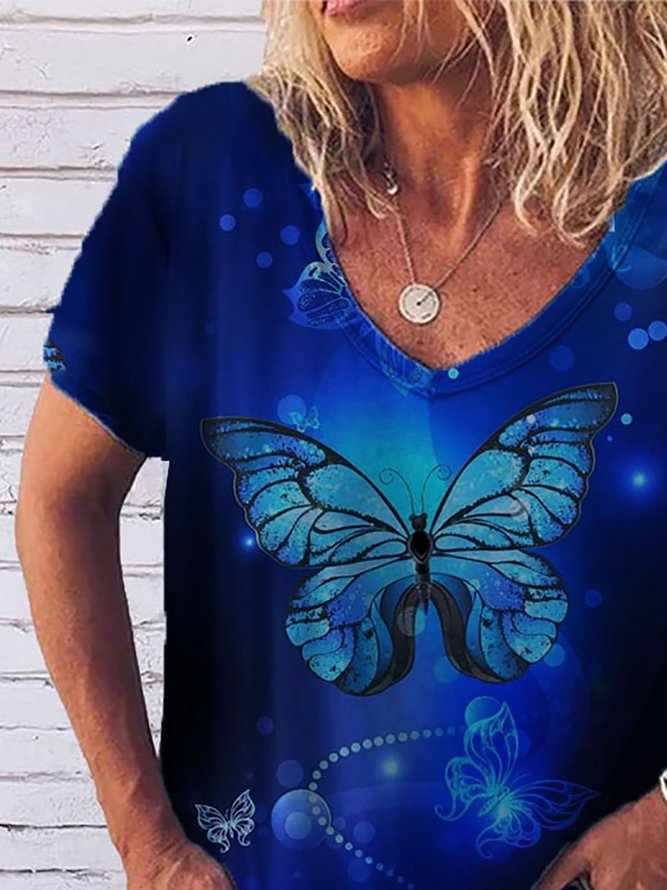Casual Butterfly Printed Short Sleeve V-Neck T-Shirts