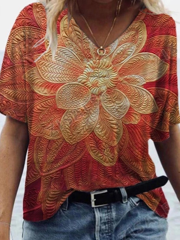 V Neck Cotton-Blend Floral Short Sleeve T-shirt