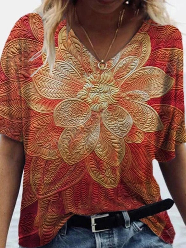 V Neck Cotton-Blend Floral Short Sleeve T-shirt