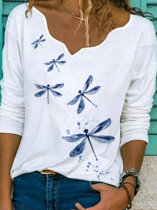 White Printed V Neck Casual Long Sleeve Shift Tops