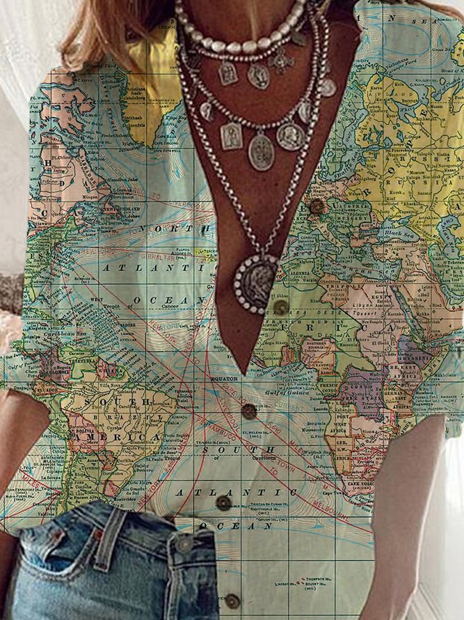 Printed Casual Long Sleeve Blouse World Map Shirt