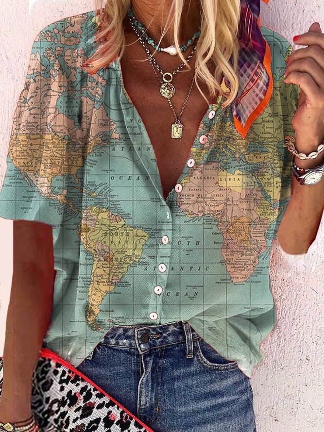Plus-size printed shirt with map design