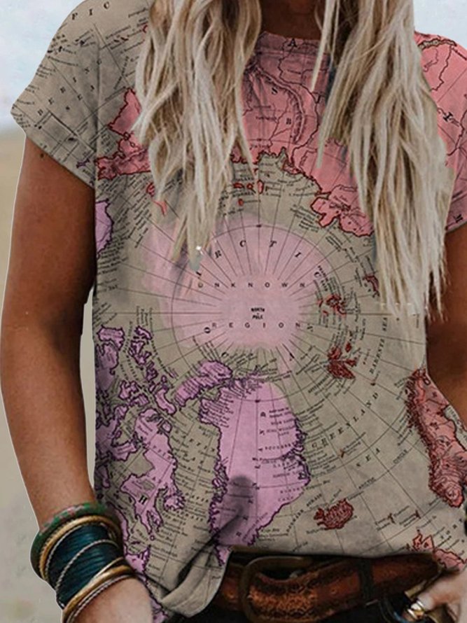 Shift Casual Abstract Crew Neck map shirt