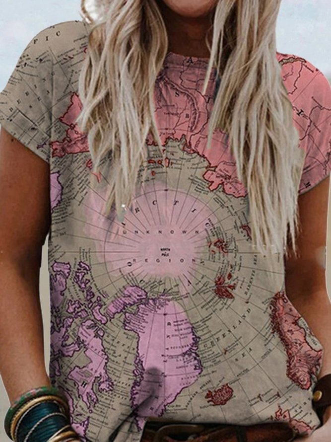Shift Casual Abstract Crew Neck map shirt