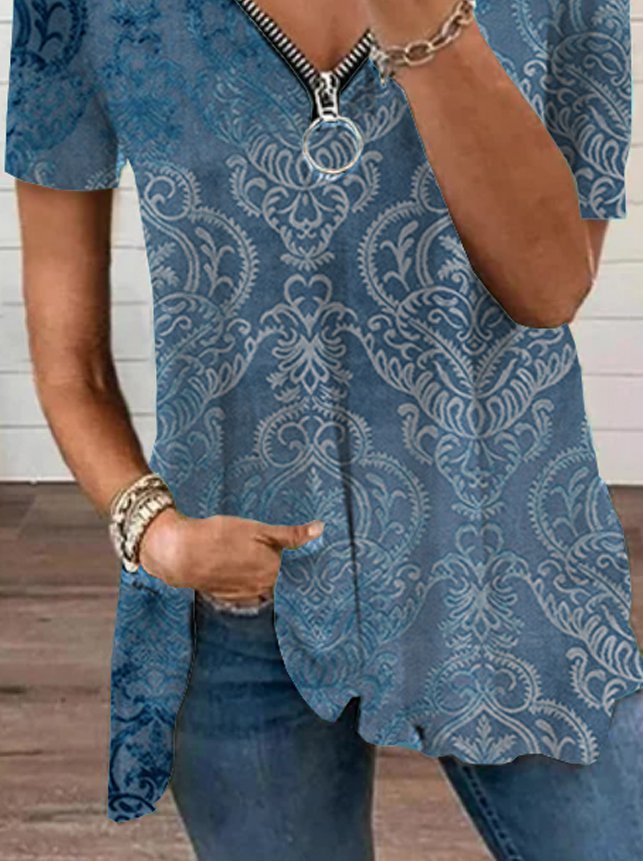Paisley  Short Sleeve  Zipper  Cotton-blend  V neck  Vintage Summer Blue Top