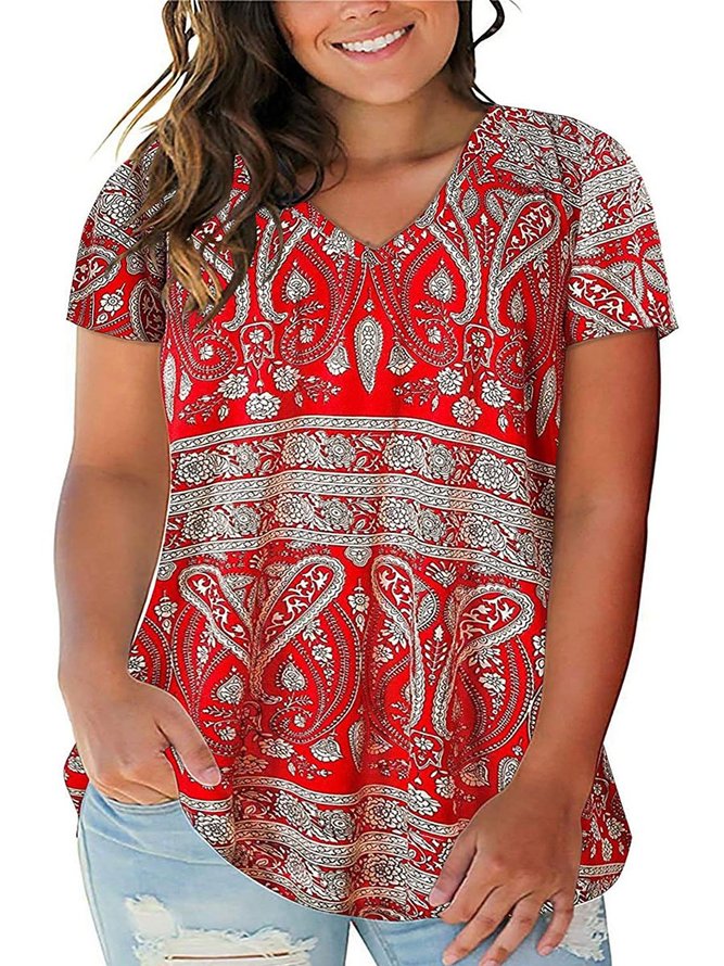 Women's Plus Size Floral Tops V Neck T-Shirts Short Sleeve Casual Tees