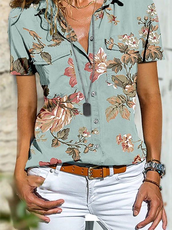 Casual Floral-print Shirt Collar Short Sleeve Top