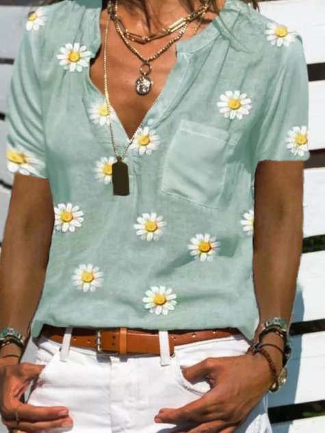 Short Sleeve Stand Collar Casual Floral Tops