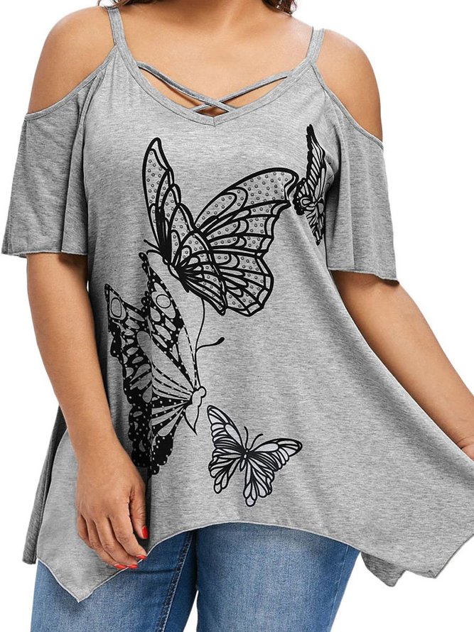 European style Women plus Size T-Shirt Summer Large Size Women Butterfly Printing T-Shirt big yards Short Sleeve