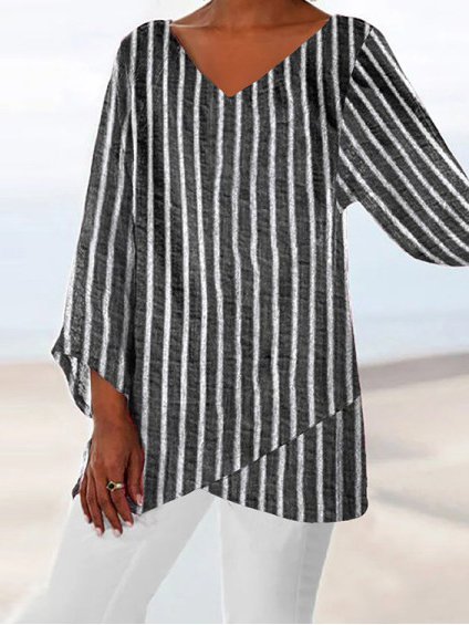 Stripes Casual Long Sleeve High Low Shirts & Tops